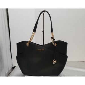 Michael Kors Black Leather Tote Bag Gold Chain Straps MK Charm Large Purse